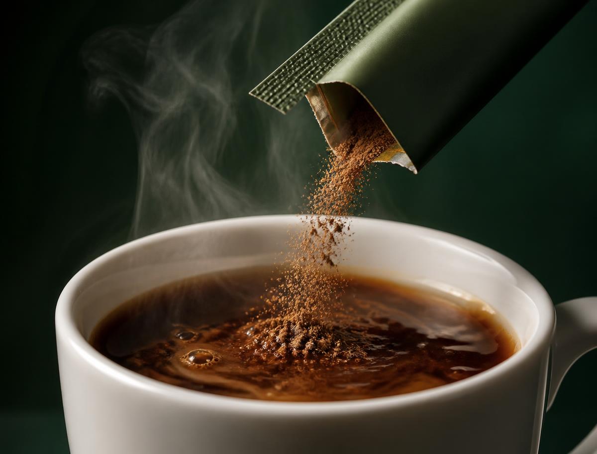 Akemi sachet powder dissolving into a cup of hot coffee