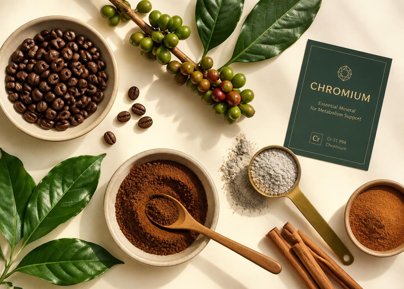 Coffee beans, green coffee cherries, cinnamon and chromium arranged on a cream surface