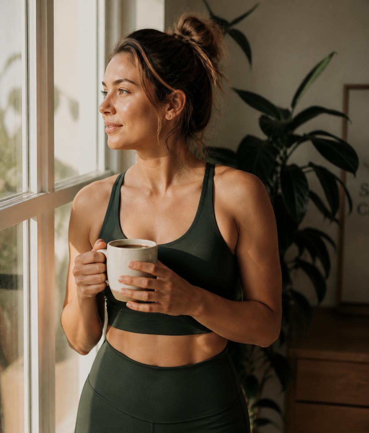 Woman in activewear enjoying a warm cup of Akemi coffee by a sunlit window